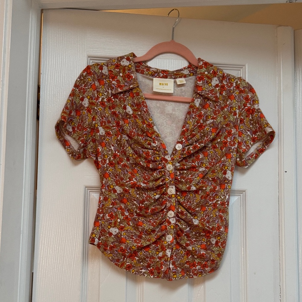 Maeve by Anthropologie Floral Ruched Button Front Top in Orange Multi